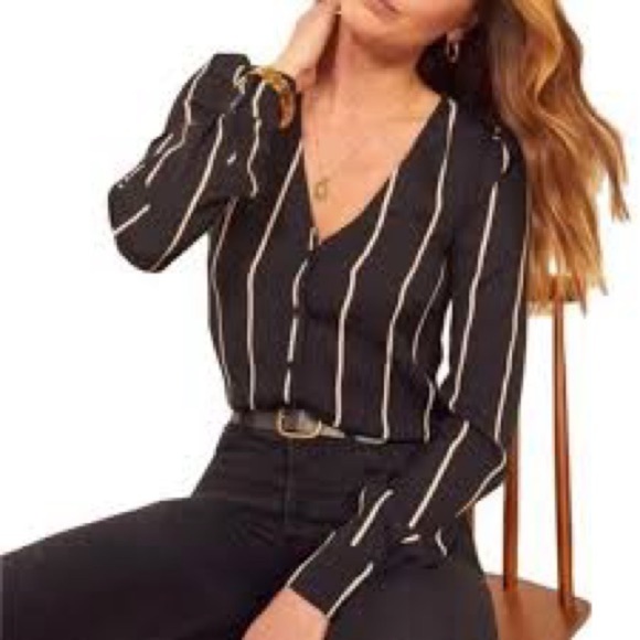 Reformation Annalise Sinatra Stripe Blouse in Black & Ivory - Size Medium - Picture 1 of 8